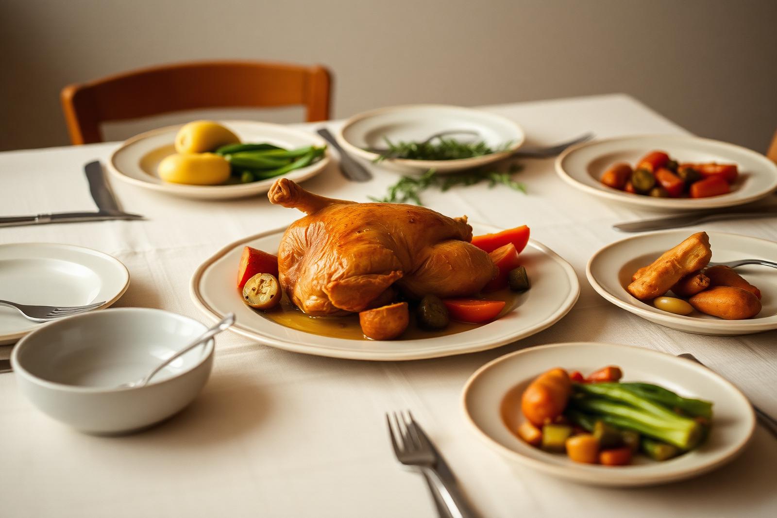 Family dinner table set with roast chicken and vegetables