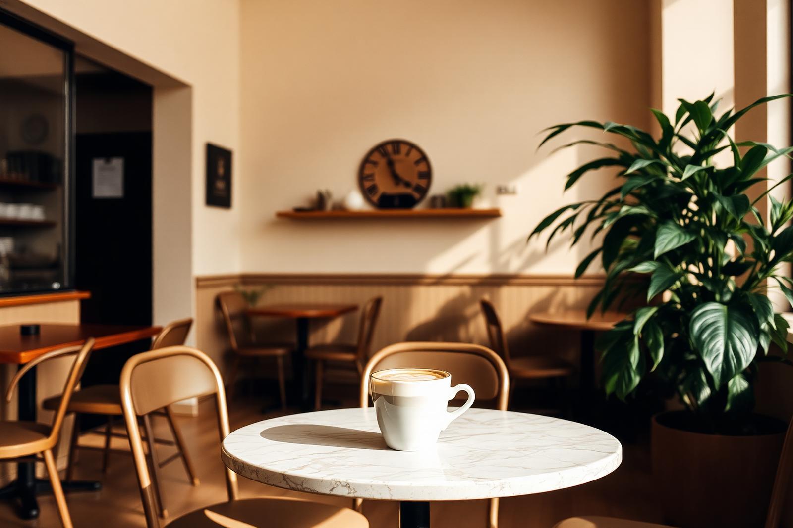 Neutral-toned coffee shop with a latte on a marble table