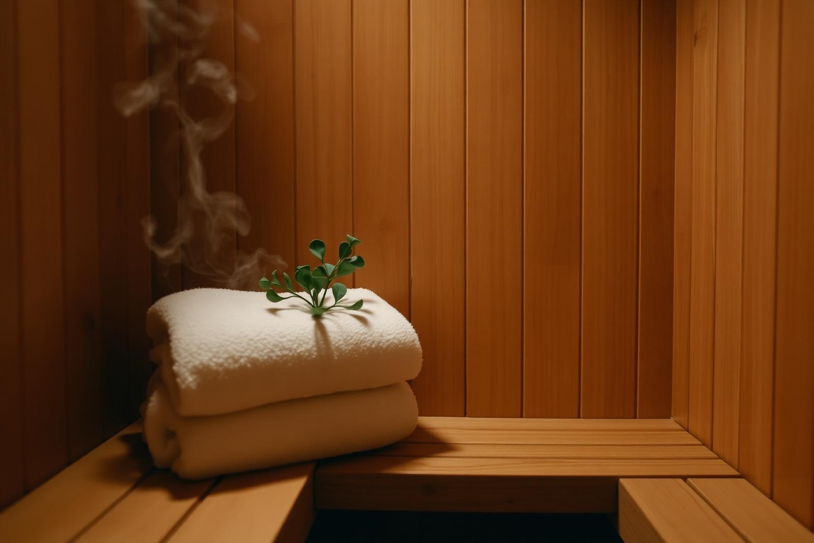 Cedar sauna interior with a folded white towel and eucalyptus