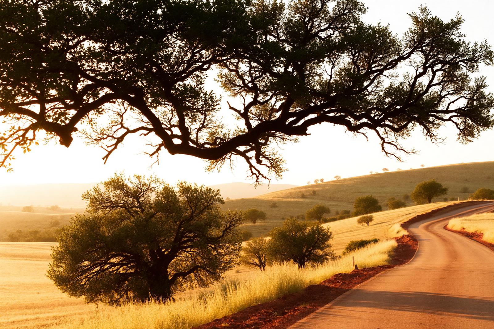 Golden hour over rolling Texas Hill Country oaks and a winding road