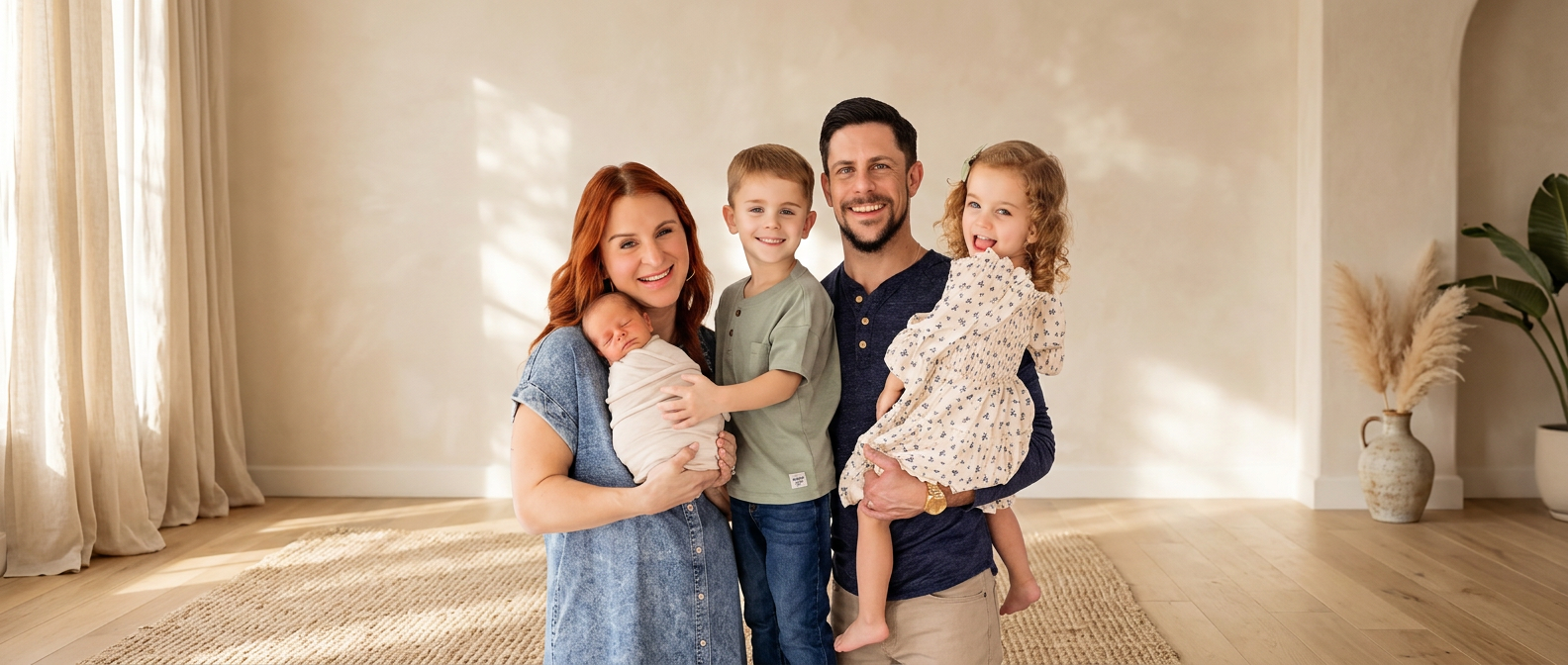 Angela with her husband and three children in a sunlit, neutral-toned room